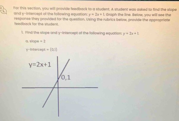 For this section, you will provide feedback to a student. A student was asked to find the slope
a and y-intercept of the following equation: y=2x+1. Graph the line. Below, you will see the
response they provided for the question. Using the rubrics below, provide the appropriate
feedback for the student.
1. Find the slope and y-intercept of the following equation: y=2x+1.
a. slope =2
y-intercept =(0,1)