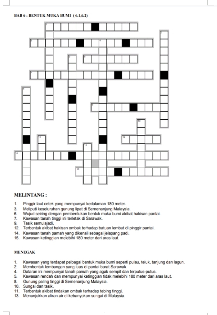 BAB 6 : BENTUK MUKA BUMI (6,1,6,2)
MELINTANG : 
1. Pinggir laut cetek yang mempunyai kedalaman 180 meter. 
3. Meliputi keseluruhan gunung lipat di Semenanjung Malaysia. 
6. Wujud seiring dengan pembentukan bentuk muka bumi akibat hakisan pantai. 
7. Kawasan tanah tinggi ini terletak di Sarawak. 
9. Tasik semulajadi. 
12. Terbentuk akibat hakisan ombak terhadap batuan lembut di pinggir pantai. 
14. Kawasan tanah pamah yang dikenali sebagai jelapang padi. 
15. Kawasan ketinggian melebihi 180 meter dari aras laut. 
MENEGAK 
1. Kawasan yang terdapat pelbagai bentuk muka bumi seperti pulau, teluk, tanjung dan lagun. 
2. Membentuk lembangan yang luas di pantai barat Sarawak. 
4. Dataran ini mempunyai tanah pamah yang agak sempit dan terputus-putus. 
5. Kawasan rendah dan mempunyai ketinggian tidak melebihi 180 meter dari aras laut. 
8. Gunung paling tinggi di Semenanjung Malaysia. 
10. Sungai dan tasik. 
11. Terbentuk akibat tindakan ombak terhadap tebing tinggi. 
13. Menunjukkan aliran air di kebanyakan sungai di Malaysia.