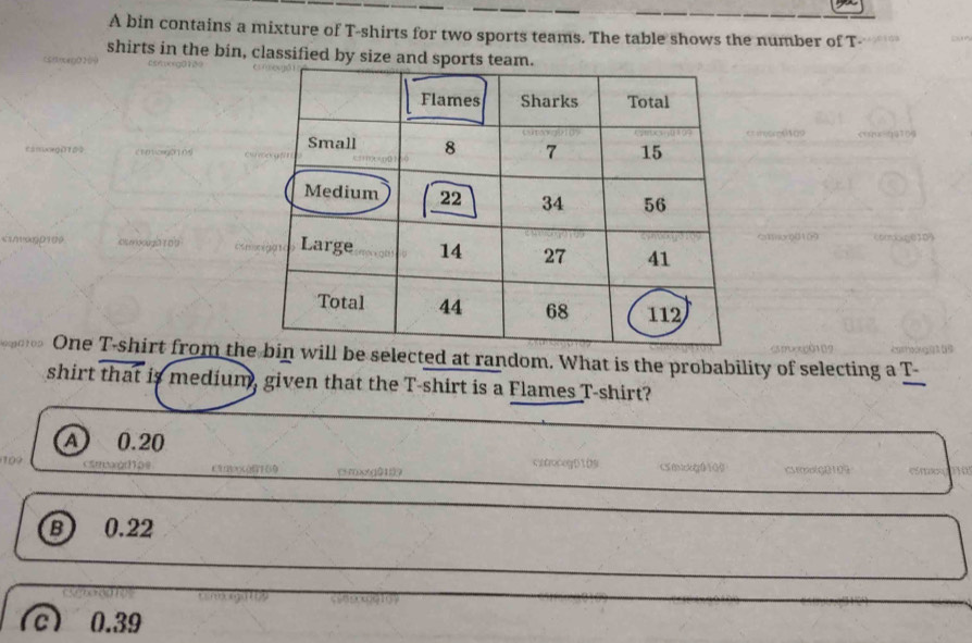 A bin contains a mixture of T-shirts for two sports teams. The table shows the number of T-
shirts in the bin, classified by size and sports team.
? 2 
oort109
c mco n s
r ko0 2rou 
* One T-shirt from thbe selected at random. What is the probability of selecting a T-
shirt that is medium, given that the T-shirt is a Flames T-shirt?
A) 0.20
(oxxg0109 cx0ocogD1D9 cmolgB109
B 0.22
c) 0.39