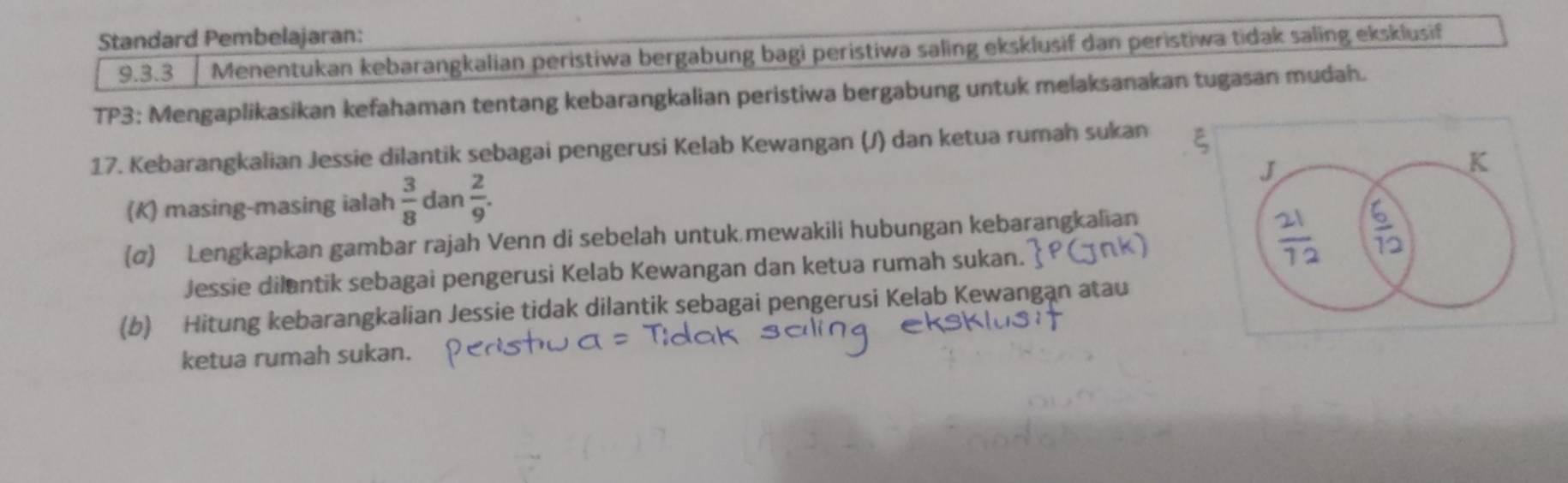 Standard Pembelajaran: 
9.3.3 Menentukan kebarangkalian peristiwa bergabung bagi peristiwa saling eksklusif dan peristiwa tidak saling eksklusif 
TP3: Mengaplikasikan kefahaman tentang kebarangkalian peristiwa bergabung untuk melaksanakan tugasan mudah. 
17. Kebarangkalian Jessie dilantik sebagai pengerusi Kelab Kewangan (J) dan ketua rumah sukan 
(K) masing-masing ialah  3/8  dan  2/9 . 
(σ) Lengkapkan gambar rajah Venn di sebelah untuk.mewakili hubungan kebarangkalian 
Jessie dilantik sebagai pengerusi Kelab Kewangan dan ketua rumah sukan. 
(b) Hitung kebarangkalian Jessie tidak dilantik sebagai pengerusi Kelab Kewangan atau 
ketua rumah sukan.