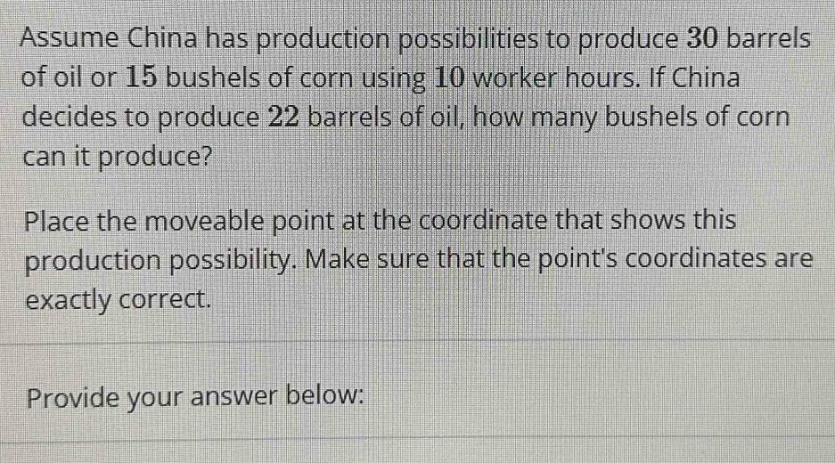 Assume China has production possibilities to produce 30 barrels
of oil or 15 bushels of corn using 10 worker hours. If China 
decides to produce 22 barrels of oil, how many bushels of corn 
can it produce? 
Place the moveable point at the coordinate that shows this 
production possibility. Make sure that the point's coordinates are 
exactly correct. 
Provide your answer below: