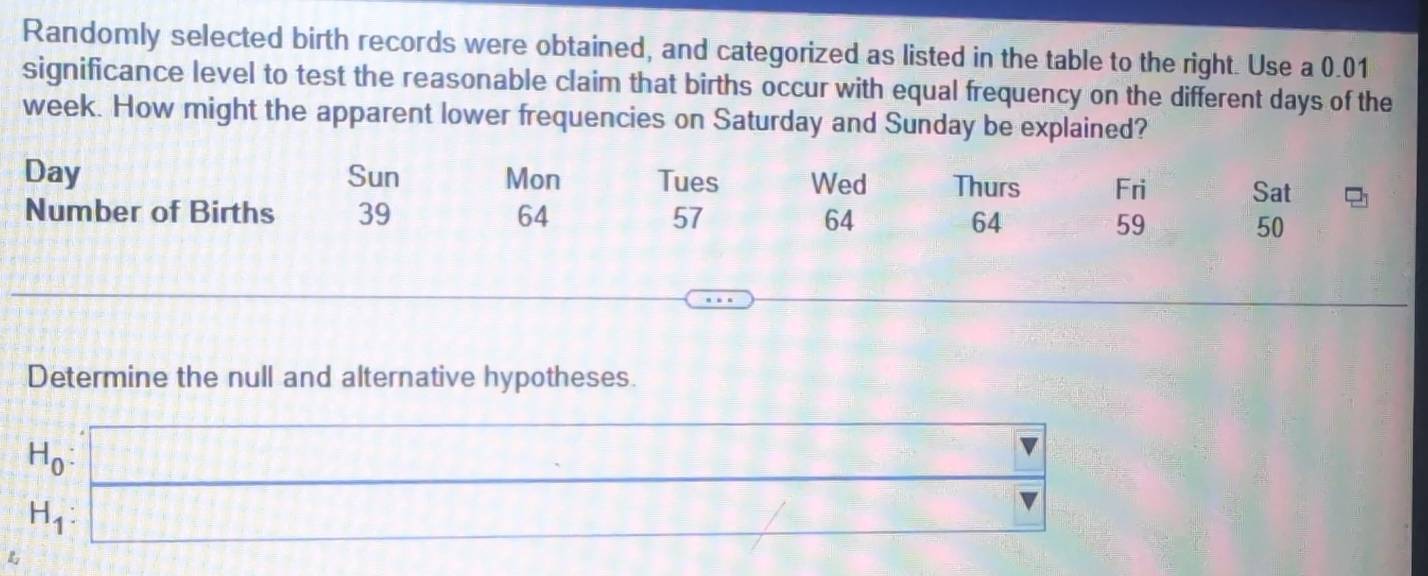 Randomly selected birth records were obtained, and categorized as listed in the table to the right. Use a 0.01
significance level to test the reasonable claim that births occur with equal frequency on the different days of the
week. How might the apparent lower frequencies on Saturday and Sunday be explained?
Day Sun Mon Tues Wed Thurs Fri Sat 
Number of Births 39 64 57 64 64 59 50
Determine the null and alternative hypotheses.
H_0 :
H_1 : ^circ 
D_□  □ 
L