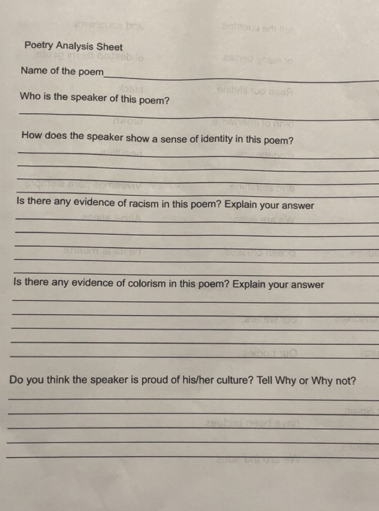 Solved: Poetry Analysis Sheet _ Name of the poem Who is the speaker of ...