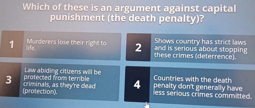 Which of these is an argument against capital
punishment (the death penalty)?
Shows country has strict laws
Murderers lose their right to 2 and is serious about stopping
1 life.
these crimes (deterrence).
Law abiding citizens will be
protected from terrible Countries with the death
3 criminals, as they’re dead
4 penalty don’t generally have
(protection).
less serious crimes committed.