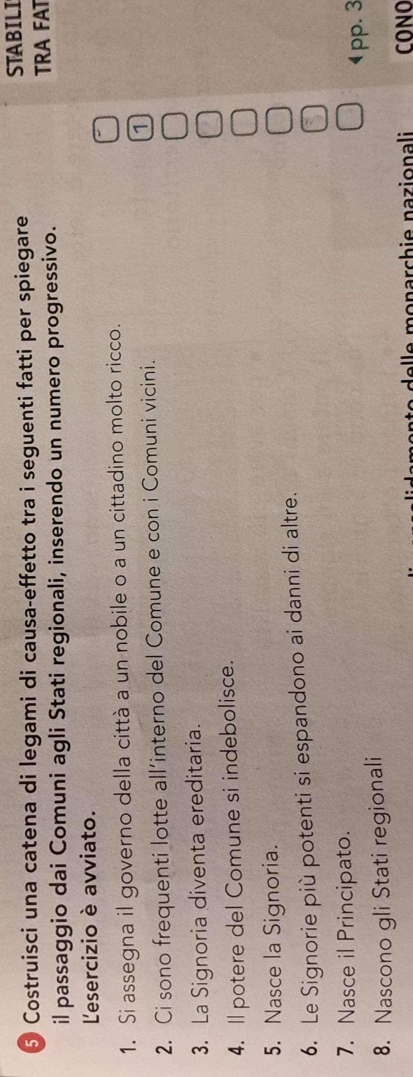 ⑤ Costruisci una catena di legami di causa-effetto tra i seguenti fatti per spiegare 
STABILI 
il passaggio dai Comuni agli Stati regionali, inserendo un numero progressivo. 
TRA FAT 
L'esercizio è avviato. 
1. Si assegna il governo della città a un nobile o a un cittadino molto ricco. 
2. Ci sono frequenti lotte all’interno del Comune e con i Comuni vicini. 
1 
3. La Signoria diventa ereditaria. 
4. ll potere del Comune si indebolisce. 
5. Nasce la Signoria. 
6. Le Signorie più potenti si espandono ai danni di altre. 
7. Nasce il Principato. 
1 pp. 3
8. Nascono gli Stati regionali 
o e m o narch i e nazion al CONO