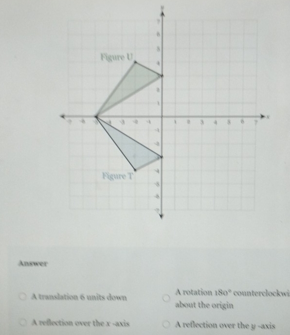 y
,
δ
8
Figure U
1
X
-0  q 4 3 4 8 o 7
4
Figure T
-5
-8
Answer
A translation 6 units down A rotation 180° counterclockwi.
about the origin
A reflection over the x -axis A reflection over the y -axis