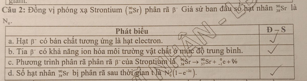 gram.
Câu 2: Đồng vị phóng xạ Strontium overline ((_38)^(90)Sr) phân rã β Giả sử ban đầu số hạt nhân beginarrayr 90, 38^,endarray Sr là