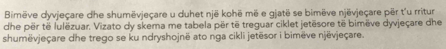 Bimëve dyvjeçare dhe shumëvjeçare u duhet një kohë më e gjatë se bimëve njëvjeçare për t'u rritur 
dhe për të lulëzuar. Vizato dy skema me tabela për të treguar ciklet jetësore të bimëve dyvjeçare dhe 
shumëvjeçare dhe trego se ku ndryshojnë ato nga cikli jetësor i bimëve njëvjeçare.