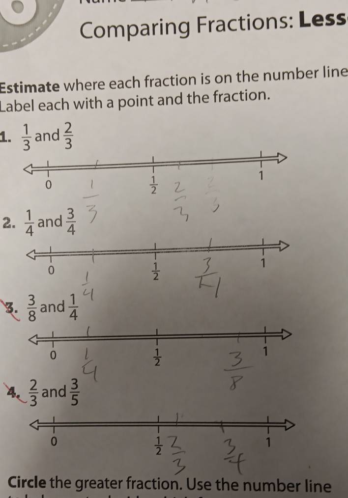 Comparing Fractions: Less
Estimate where each fraction is on the number line
Label each with a point and the fraction.
1.  1/3  and  2/3 
2.  1/4  and  3/4 
3.  3/8  and  1/4 
4.  2/3  and  3/5 
Circle the greater fraction. Use the number line