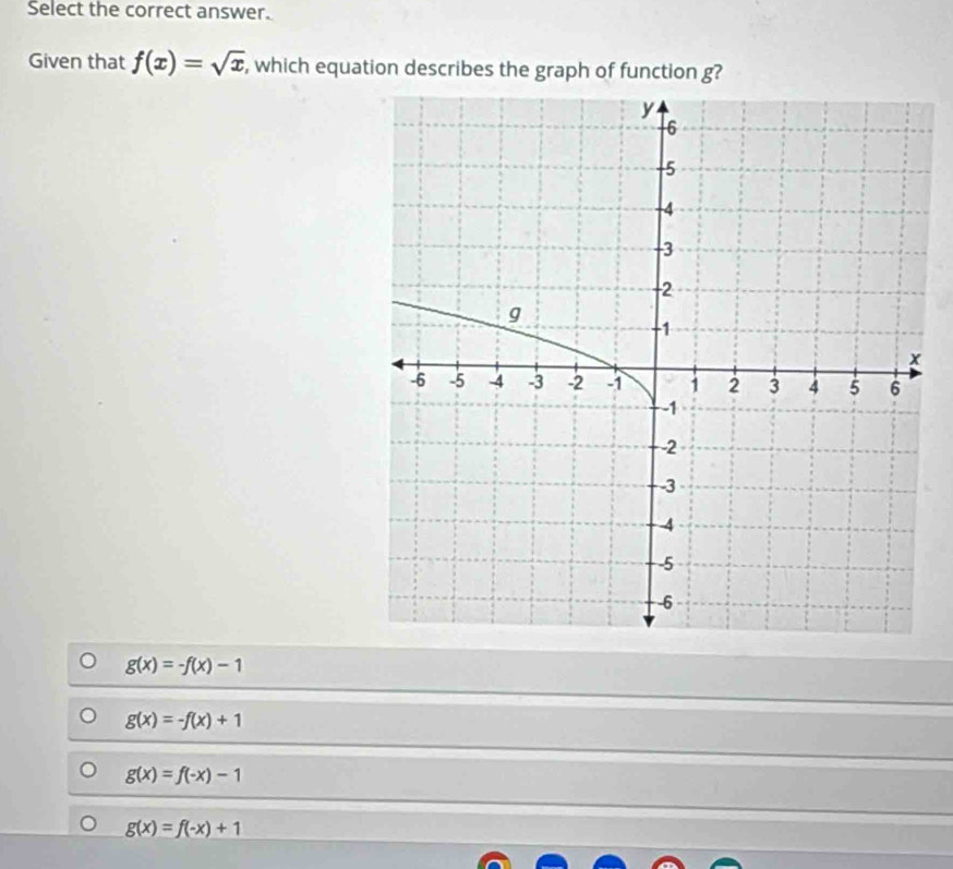 Select the correct answer.
Given that f(x)=sqrt(x) , which equation describes the graph of function g?
g(x)=-f(x)-1
g(x)=-f(x)+1
g(x)=f(-x)-1
g(x)=f(-x)+1