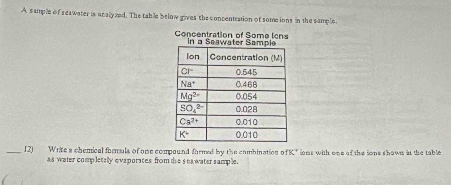 A sample of seawater is analyzed. The table below gives the concentration of some ions in the sample.
Concentration of Some Ions
in a Seawa
_12) Write a chemical formula of one compound formed by the combination of K ions with one of the ions shown in the table
as water completely evaporates from the seawater sample.