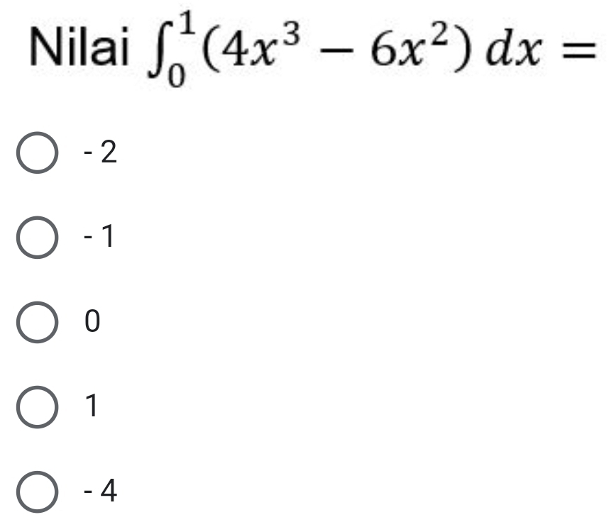 Nilai ∈t _0^(1(4x^3)-6x^2)dx=
- 2
- 1
0
1
- 4