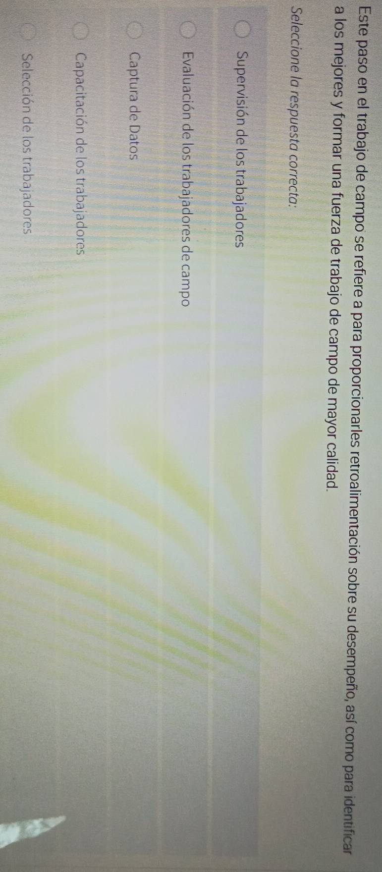 Este paso en el trabajo de campo se refiere a para proporcionarles retroalimentación sobre su desempeño, así como para identificar
a los mejores y formar una fuerza de trabajo de campo de mayor calidad.
Seleccione la respuesta correcta:
Supervisión de los trabajadores
Evaluación de los trabajadores de campo
Captura de Datos
Capacitación de los trabajadores
Selección de los trabajadores