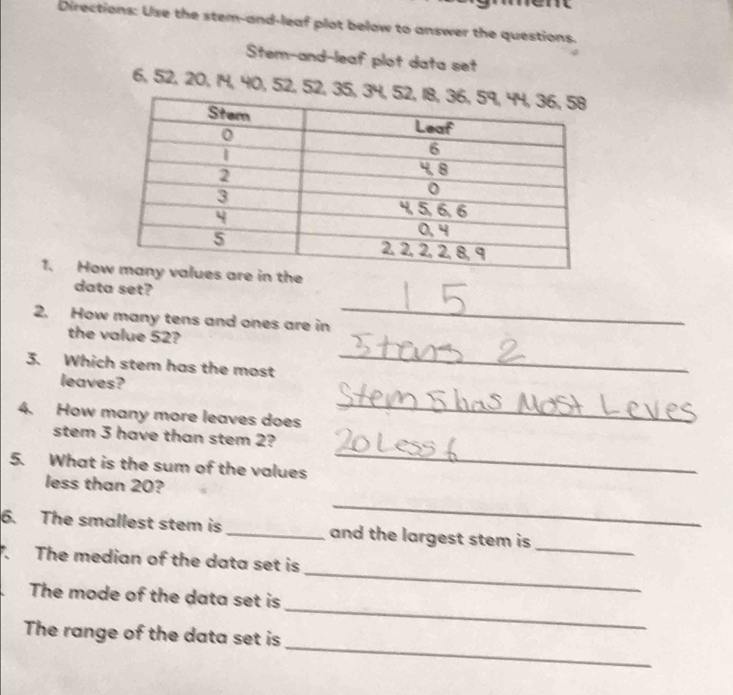 Directions: Use the stem-and-leaf plot below to answer the questions. 
Stem-and-leaf plot data set
6, 52, 20, 14, 40, 52, 52, 35, 3
1. Ho 
data set? 
2. How many tens and ones are in 
_ 
the value 52? 
3. Which stem has the most 
_ 
leaves? 
4. How many more leaves does 
_ 
_ 
stem 3 have than stem 2? 
5. What is the sum of the values 
less than 20? 
_ 
6. The smallest stem is _and the largest stem is 
_ 
_ 
. The median of the data set is 
_ 
The mode of the data set is 
_ 
The range of the data set is