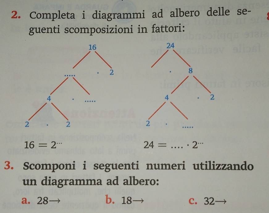 Completa i diagrammi ad albero delle se- 
guenti scomposizioni in fattori:
24=
16=2 _· 2'' 
3. Scomponi i seguenti numeri utilizzando 
un diagramma ad albero: 
a. 28 b. 18 c. 32