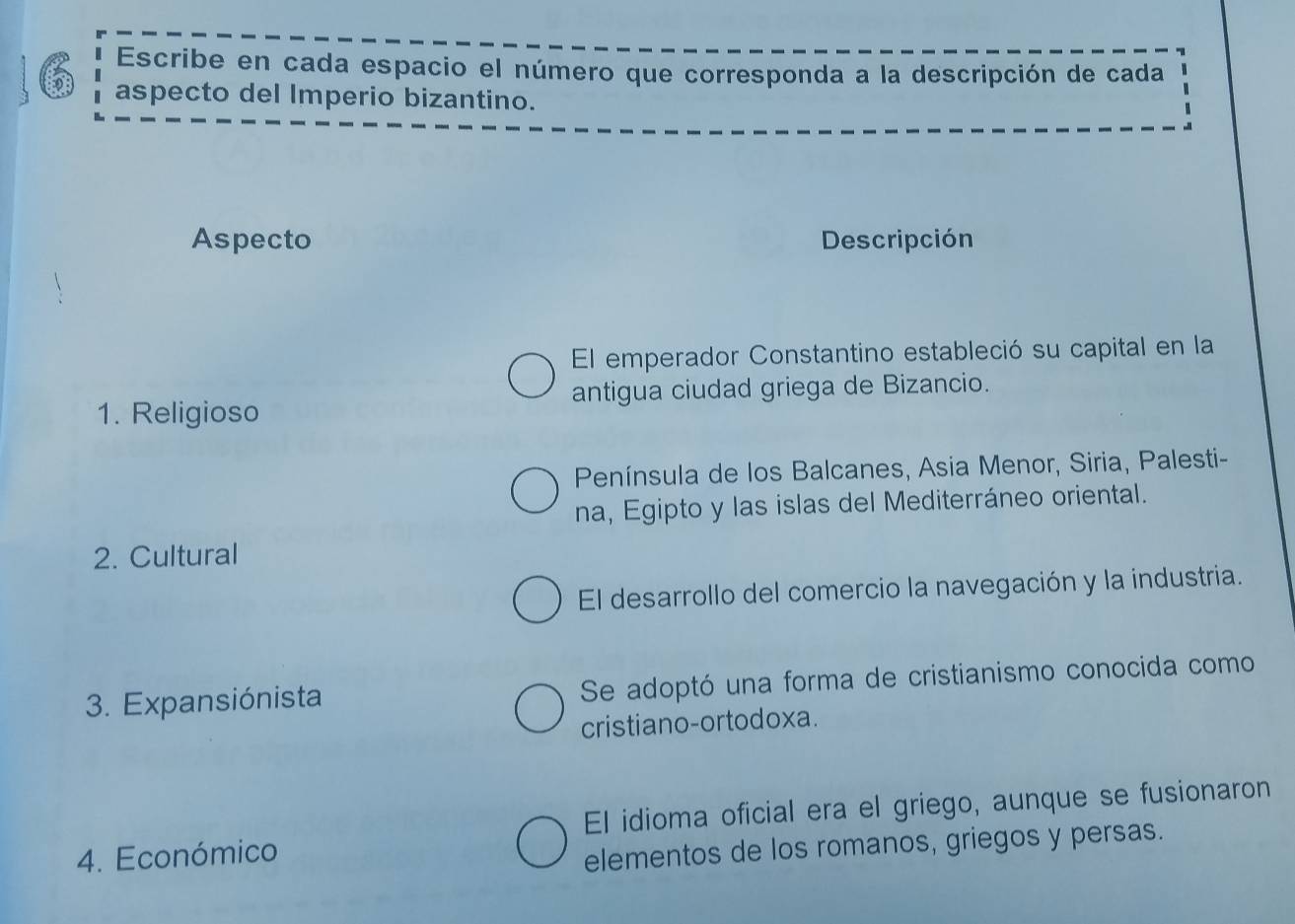 Escribe en cada espacio el número que corresponda a la descripción de cada 
aspecto del Imperio bizantino. 
Aspecto Descripción 
El emperador Constantino estableció su capital en la 
1. Religioso antigua ciudad griega de Bizancio. 
Península de los Balcanes, Asia Menor, Siria, Palesti- 
na, Egipto y las islas del Mediterráneo oriental. 
2. Cultural 
El desarrollo del comercio la navegación y la industria. 
3. Expansiónista Se adoptó una forma de cristianismo conocida como 
cristiano-ortodoxa. 
El idioma oficial era el griego, aunque se fusionaron 
4. Económico 
elementos de los romanos, griegos y persas.