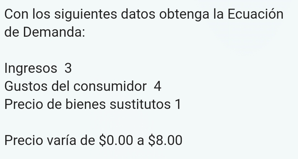 Con los siguientes datos obtenga la Ecuación 
de Demanda: 
Ingresos 3
Gustos del consumidor 4
Precio de bienes sustitutos 1
Precio varía de $0.00 a $8.00