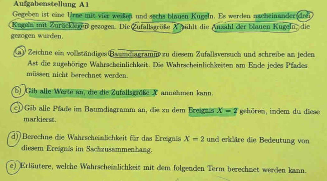 Aufgabenstellung A1 
Gegeben ist eine Urne mit vier weißen und sechs blauen Kugeln. Es werden nacheinander(drei 
Kugeln mit Zurücklegen gezogen. Die Zufallsgröße Xpählt die Anzahl der blauen Kugeln, die 
gezogen wurden. 
(a) Zeichne ein vollständiges Baumdiagramm zu diesem Zufallsversuch und schreibe an jeden 
Ast die zugehörige Wahrscheinlichkeit. Die Wahrscheinlichkeiten am Ende jedes Pfades 
müssen nicht berechnet werden. 
b) Gib alle Werte an, die die Zufallsgröße X annehmen kann. 
c) Gib alle Pfade im Baumdiagramm an, die zu dem Ereignis X=2 gehören, indem du diese 
markierst. 
d)Berechne die Wahrscheinlichkeit für das Ereignis X=2 und erkläre die Bedeutung von 
diesem Ereignis im Sachzusammenhang. 
e) Erläutere, welche Wahrscheinlichkeit mit dem folgenden Term berechnet werden kann.