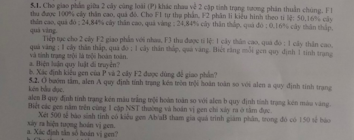 Cho giao phần giữa 2 cây cùng loài (P) khác nhau về 2 cặp tính trạng tương phản thuần chủng, Fl 
thu được 100% cây thân cao, quả đỏ. Cho F1 tự thụ phần, F2 phân li kiểu hình theo tỉ lệ: 50, 16% cây 
thân cao, quả đỏ ; 24,84% cây thân cao, quả vàng ; 24,84% cây thân thấp, quả đỏ ; 0, 16% cây thân thấp. 
quả vàng. 
Tiếp tục cho 2 cây F2 giao phẩn với nhau, F3 thu được tỉ lệ: 1 cây thân cao, quả đỏ : 1 cây thân cao. 
quả vàng ; 1 cây thân thấp, quả đỏ ; 1 cây thân thấp, quả vàng. Biết rằng mỗi gen quy định 1 tính trạng 
và tính trạng trội là trội hoàn toàn. 
a. Biện luận quy luật di truyền? 
b. Xác định kiểu gen của P và 2 cây F2 được dùng đề giao phần? 
5.2. Ở bướm tằm, alen A quy định tính trạng kén tròn trội hoàn toàn so với alen a quy định tính trạng 
kén bầu dục. 
alen B quy định tính trạng kén màu trắng trội hoàn toàn so với alen b quy định tính trạng kén màu vàng. 
Biết các gen nằm trên cùng 1 cặp NST thường và hoán vị gen chỉ xảy ra ở tằm đực. 
Xét 500 tế bảo sinh tinh có kiểu gen Ab/aB tham gia quá trình giảm phân, trong đó có 150 tế bào 
xảy ra hiện tượng hoán vị gen. 
a. Xác định tần số hoán vị gen?