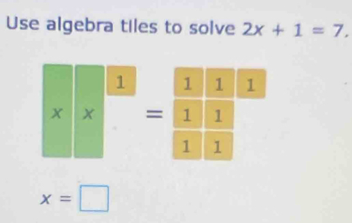 Use algebra tiles to solve 2x+1=7, 
1
x x = :
x=□