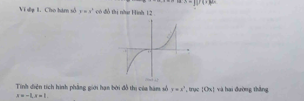 x=y s=∈t |(x)|
Ví dụ 1. Cho hàm số y=x^3 có đồ thị như Hình 12. 
Tính diện tích hình phẳng giới hạn bởi đồ thị của hàm số y=x^3 , trục  Ox và hai đường thắng
x=-1, x=1.