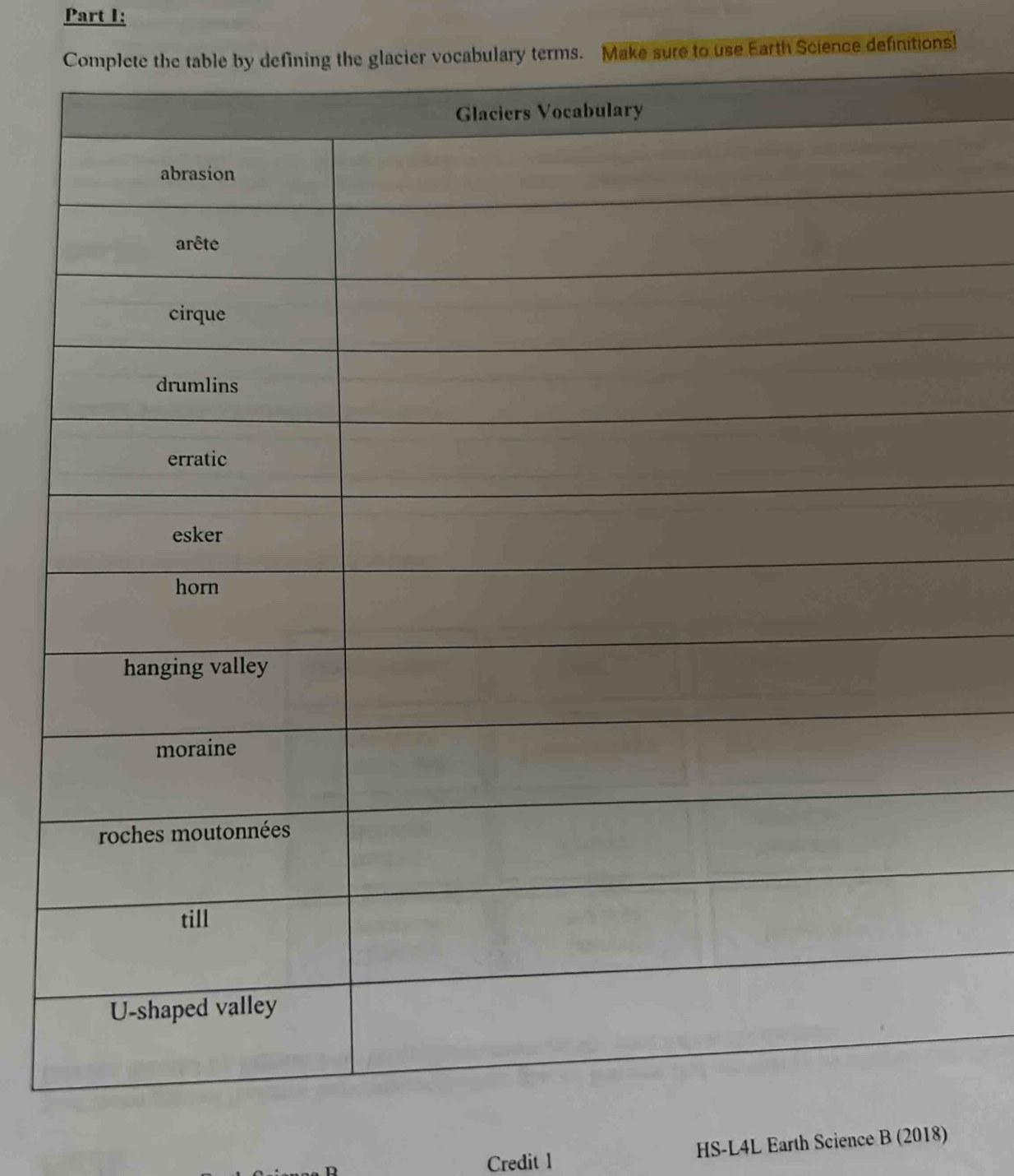 the glacier vocabulary terms. Make sure to use Earth Science definitions! 
Credit 1 HS-L4L Earth Science B (2018)