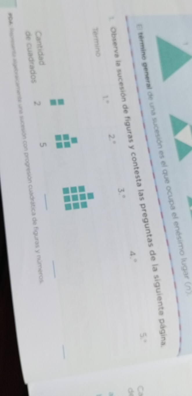 El termino general de una sucesión es el que ocupa el enésimo lugar (n)
5.^circ 
Ca 
L Observa la sucesión de figuras y contesta las preguntas de la siguiente página
4.^circ 
de
3.^circ 
2.^circ 
1.^circ 
a 
Termino 
_ 
_ 
Cantidad 
de cuadrados 2 5
_ 
PDA: Representa algebraicamente una sucesión con progresión cuadrática de figuras y números.