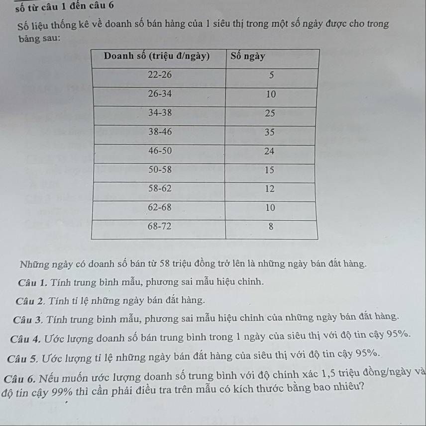 số từ câu 1 đến câu 6 
Số liệu thống kê về doanh số bán hàng của 1 siêu thị trong một số ngày được cho trong 
bảng sau: 
Những ngày có doanh số bán từ 58 triệu đồng trở lên là những ngày bán đắt hàng. 
Câu 1. Tính trung bình mẫu, phương sai mẫu hiệu chỉnh. 
Câu 2. Tính tỉ lệ những ngày bán đắt hàng. 
Câu 3. Tính trung bình mẫu, phương sai mẫu hiệu chỉnh của những ngày bán đất hàng. 
Câu 4. Ước lượng doanh số bán trung bình trong 1 ngày của siêu thị với độ tin cậy 95%. 
Câu 5. Ước lượng tỉ lệ những ngày bán đắt hàng của siêu thị với độ tin cậy 95%. 
Câu 6. Nếu muốn ước lượng doanh số trung bình với độ chính xác 1, 5 triệu đồng/ngày và 
độ tin cậy 99% thì cần phải điều tra trên mẫu có kích thước bằng bao nhiêu?