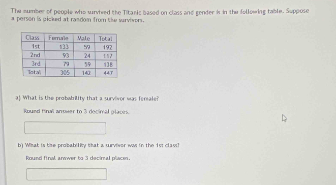 The number of people who survived the Titanic based on class and gender is in the following table. Suppose 
a person is picked at random from the survivors. 
a) What is the probability that a survivor was female? 
Round final answer to 3 decimal places. 
b) What is the probability that a survivor was in the 1st class? 
Round final answer to 3 decimal places.