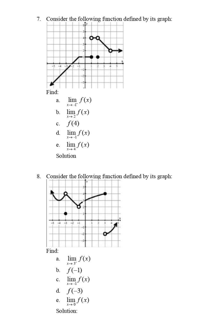 Consider the following function defined by its graph: 
a. limlimits _xto -1^-f(x)
b. limlimits _xto 2f(x)
c. f(4)
d. limlimits _xto -1f(x)
e. limlimits _xto 4f(x)
Solution 
8. Consider the following function defined by its graph: 
a. limlimits _xto 3^-f(x)
b. f(-1)
c. limlimits _xto -1f(x)
d. f(-3)
e. limlimits _xto 0f(x)
Solution: