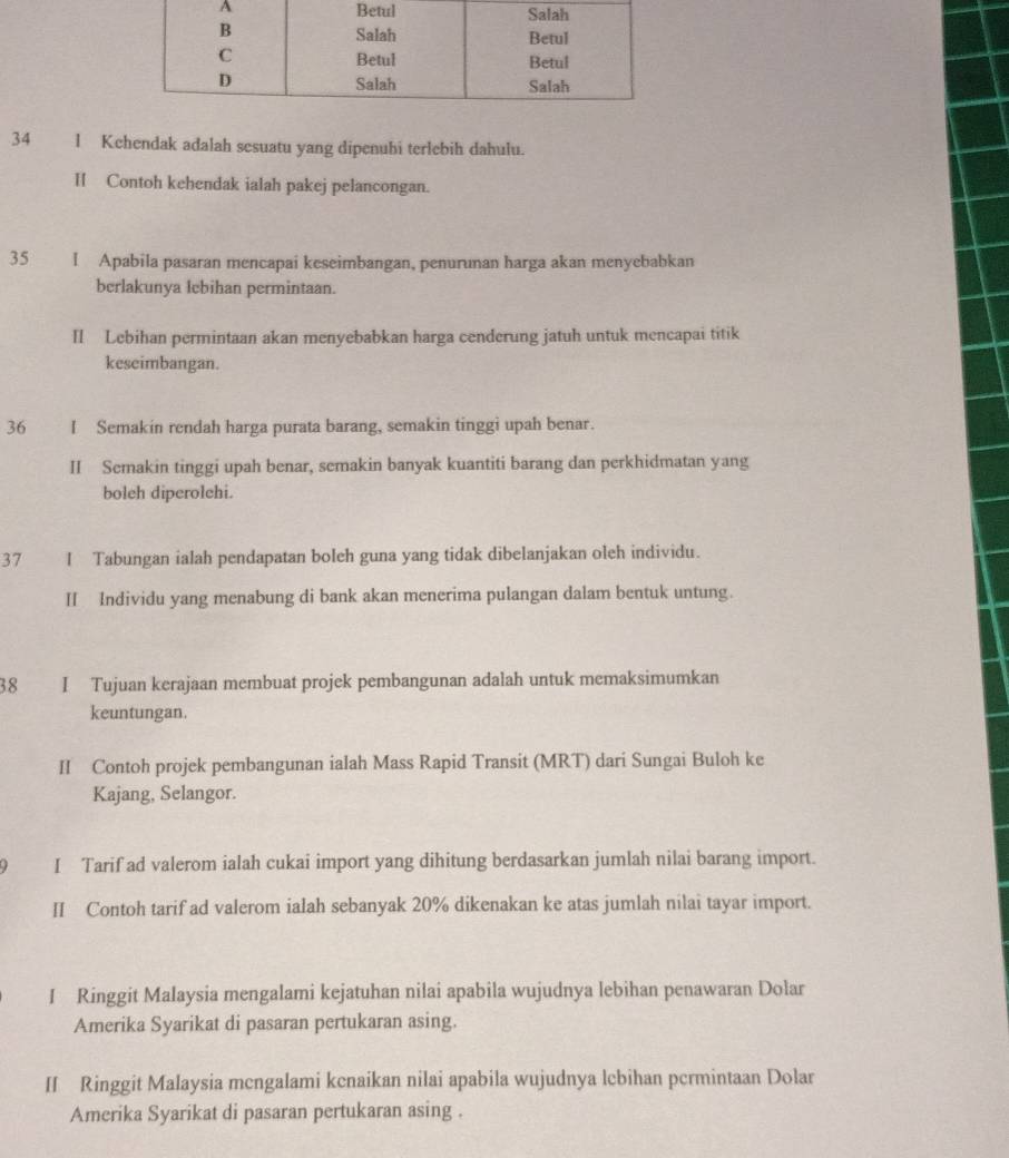 Kehendak adalah sesuatu yang dipenubí terlebih dahulu. 
II Contoh kehendak ialah pakej pelancongan. 
35 I Apabila pasaran mencapai keseimbangan, penurunan harga akan menyebabkan 
berlakunya lebihan permintaan. 
II Lebihan permintaan akan menyebabkan harga cenderung jatuh untuk mencapai titik 
keseimbangan. 
36 I Semakin rendah harga purata barang, semakin tinggi upah benar. 
II Semakin tinggi upah benar, semakin banyak kuantiti barang dan perkhidmatan yang 
boleh diperolehi. 
37 I Tabungan ialah pendapatan boleh guna yang tidak dibelanjakan oleh individu. 
II Individu yang menabung di bank akan menerima pulangan dalam bentuk untung. 
38 I Tujuan kerajaan membuat projek pembangunan adalah untuk memaksimumkan 
keuntungan. 
II Contoh projek pembangunan ialah Mass Rapid Transit (MRT) dari Sungai Buloh ke 
Kajang, Selangor. 
) I Tarif ad valerom ialah cukai import yang dihitung berdasarkan jumlah nilai barang import. 
II Contoh tarif ad valerom ialah sebanyak 20% dikenakan ke atas jumlah nilai tayar import. 
I Ringgit Malaysia mengalami kejatuhan nilai apabila wujudnya lebihan penawaran Dolar 
Amerika Syarikat di pasaran pertukaran asing. 
If Ringgit Malaysia mengalami kcnaikan nilai apabila wujudnya lebihan permintaan Dolar 
Amerika Syarikat di pasaran pertukaran asing .