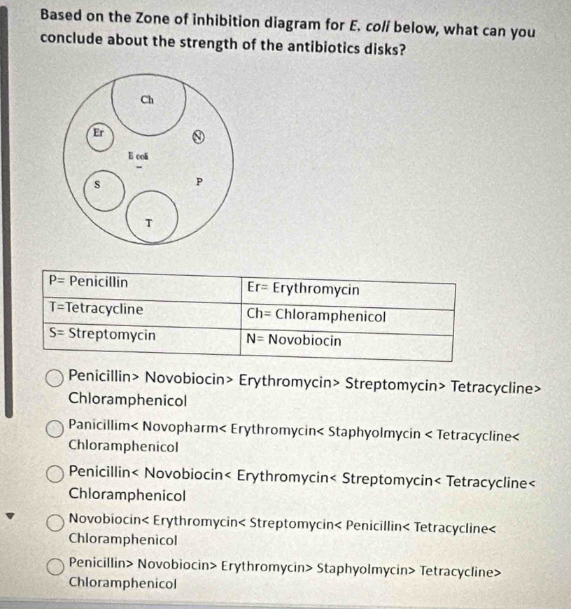 Based on the Zone of inhibition diagram for E. colí below, what can you
conclude about the strength of the antibiotics disks?
P= Penicillin Erythromycin
Er=
T= Tetracycline Ch= Chloramphenicol
S= Streptomycin N= Novobiocin
Penicillin> Novobiocin> Erythromycin> Streptomycin> Tetracycline>
Chloramphenicol
Panicillim< Novopharm< Erythromycin< Staphyolmycin < Tetracycline<
Chloramphenicol
 Penicillin< Novobiocin< Erythromycin< Streptomycin< Tetracycline<
Chloramphenicol
 Novobiocin< Erythromycin< Streptomycin< Penicillin< Tetracycline<
Chloramphenicol
 Penicillin> Novobiocin> Erythromycin> Staphyolmycin> Tetracycline>
Chloramphenicol