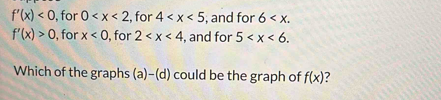 f'(x)<0</tex> , for 0 , for 4 ; and for 6 .
f'(x)>0 , for x<0</tex> , for 2 , and for 5 . 
Which of the graphs (a)-(d) could be the graph of f(x)