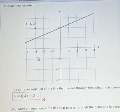 Consider the following.
(a) Write an equation of the line that passes through the point and is parall
y=0.4x+3.2
(b) Write an equation of the line that passes through the point and is perp