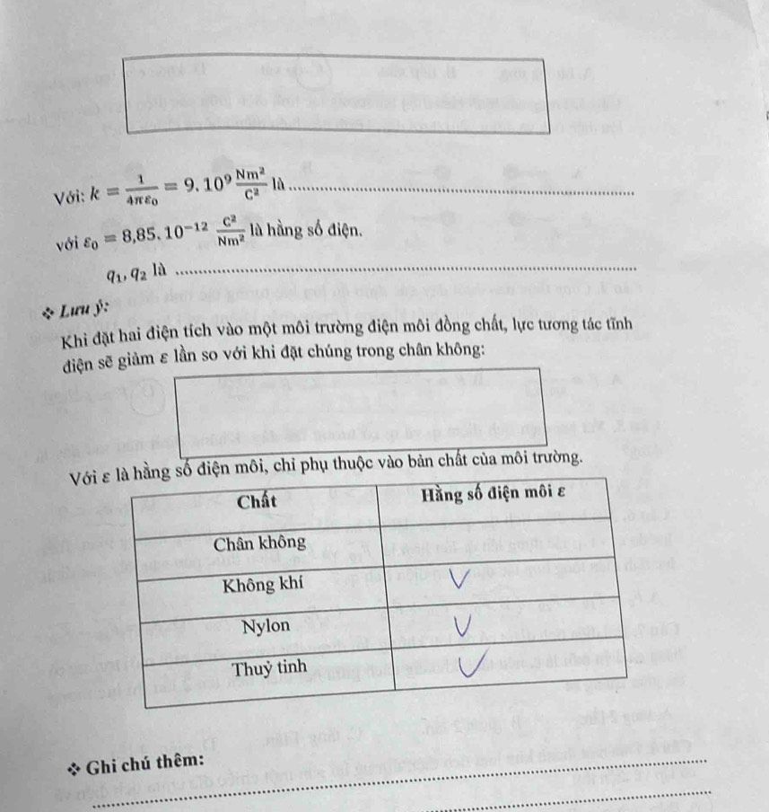 Với: k=frac 14π varepsilon _0=9.10^9 Nm^2/C^2 la _ 
với varepsilon _0=8,85.10^(-12) C^2/Nm^2 l =lab lầng số điện.
q_1, q_2la
_ 
Lưu ý: 
Khi đặt hai điện tích vào một môi trường điện môi đồng chất, lực tương tác tĩnh 
điện sẽ giảm ε lần so với khi đặt chúng trong chân không: 
Vớmôi, chỉ phụ thuộc vào bản chất của môi trường. 
* Ghi chú thêm: 
_