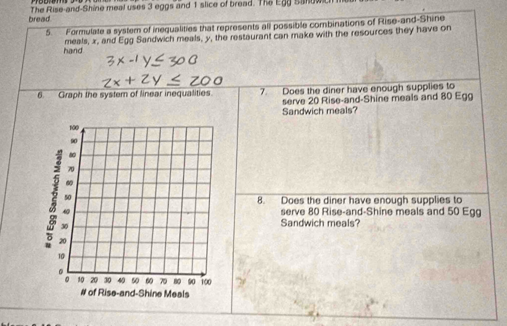 The Rise-and-Shine meal uses 3 eggs and 1 slice of bread. The Egg Sandwich 
bread. 
5. Formulate a system of inequalities that represents all possible combinations of Rise-and-Shine 
meals, x, and Egg Sandwich meals, y, the restaurant can make with the resources they have on 
hand 
6. Graph the system of linear inequalities 7. Does the diner have enough supplies to 
serve 20 Rise-and-Shine meals and 80 Egg 
Sandwich meals? 
8. Does the diner have enough supplies to 
serve 80 Rise-and-Shine meals and 50 Egg 
Sandwich meals?