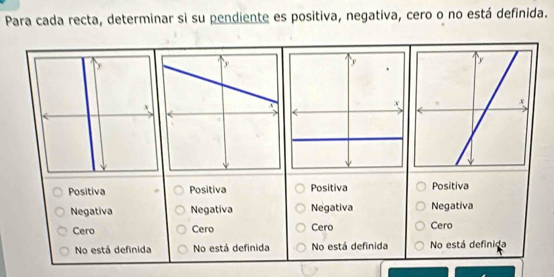 Para cada recta, determinar si su pendiente es positiva, negativa, cero o no está definida.
Positiva 。 Positiva Positiva Positiva
Negativa Negativa Negativa Negativa
Cero Cero Cero Cero
No está definida No está definida No está definida No está definida