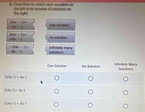 Draw lines to match each equation on
the left to its number of solutions on
the right.
2(4x-1)=
-8x-2
one solution
2(4x-1)=
=8x-2
no solution
-2(4x-1)= infinitely many
-8x-1 solutions