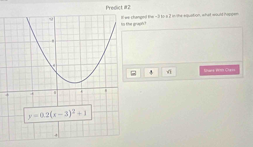 Predict #2
changed the -3 to a 2 in the equation, what would happen
graph?
sqrt(± ) Share With Class
-