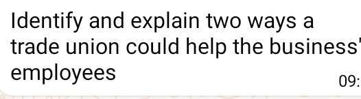 Identify and explain two ways a 
trade union could help the business 
employees 
09: