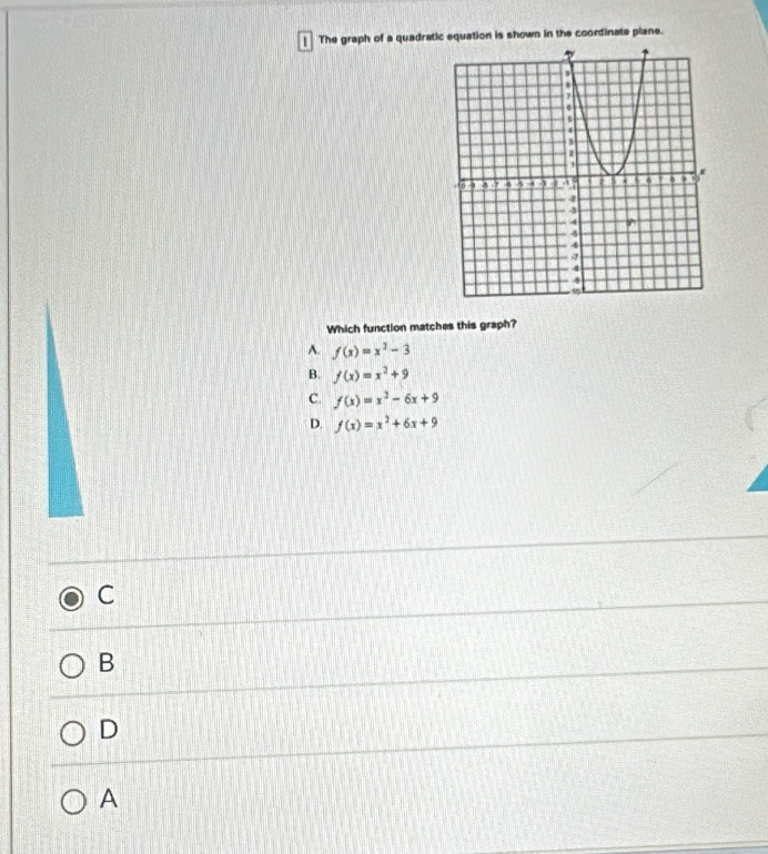 ] The graph of a quadratic equation is shown in the coordinate plane.
Which function matches this graph?
A. f(x)=x^2-3
B. f(x)=x^2+9
C. f(x)=x^2-6x+9
D. f(x)=x^2+6x+9
C
B
D
A