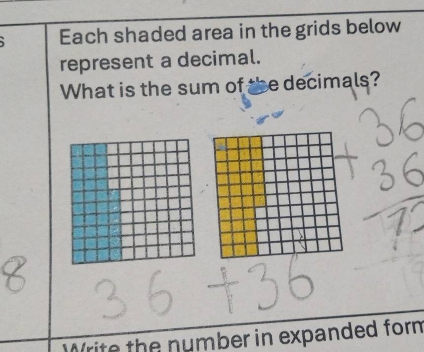 Each shaded area in the grids below 
represent a decimal. 
What is the sum of the decimals? 
Write the number in expanded form