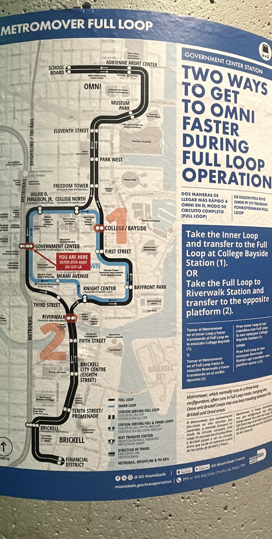 METROMOVER FULL LOOP
GOVERNMENT CENTER STATION
ADRIENNE ARSHT CENTER
SCHOOL
BOARD
TWO WAYS
OMNI
TO GET
MUSEUM
PARK
TO OMNI
395
ELEVENTH STREET
FASTER
DURING
.—
PARK WEST
FULL LOOP
OPERATION
FREEDOM TOWER
WILKIE D DOS MANERAS DE DE FASON POU RIVE
FERGUSON, JR. COLLEGE NORTH LLEGAR MÁS RÁPIDo A OMNI PI VIT PANDAN
OMNΙ EN EL MODO DE fonksyönman full
CIRCUITO COMPLETO
(FULL LOOP) lOOP
COLLEGE / BAYSIDE
Take the Inner Loop
GOVERNMENT CENTER
and transfer to the Full
FIRST STREET Loop at College Bayside
YOU ARE HERE
OU ISIT LA
Station (1).
M   MIÁMI ÁVENUE
OR
KNIGHT CENTER BAYFRONT PARK Take the Full Loop to
Riverwalk Station and
THIRD STREET
transfer to the opposite
RIVERWALK a platform (2).
Tomar el Metromover Pran Inner Loop la ep
en el Inner Loop y hacer transfere nan Full Looș
FIFTH STREET
transbordo al Full Loop en
la estación College Bayside Bayside Station (1). la nan estasyon Colleg
OSWA
(1)-
Tomar el Metromover estasyon Riverwalk Pran Full Loop la nas
cration epi transiere e 
BRICKELL
en el Full Loop hasta la platföm opoze a (2).
CITY CENTRE BRICKELL estación Riverwalk y hacer
(EIGHTH
ŠTREET)
KEY transbordo en el andén
opuesto (2).
Metromover, which normally runs in a three-loop
configuration, often runs in Full Loop mode, merging the
FULL LOOP
STATION SERVING FULL LOOP Omni and Brickell Loops into one loop troveling between th
TENTH STREET/ INNER LOOP
omokes Kí travay nóma
PROMENADE B
Brickell and Omni areas.
n You konfgedtyon bie 
Si fé Omni Loap ak Brickel Loap    
STATION SERVING FULL & INNER LOOPS
Loop). En ese caso los círcuitos Omm     Travav sauvan năm mád Full Lhah
BRICKELL
separado, a menudo funcionó e
BEST TRANSFER STATION
modo de circuíto campleto (Ful
BRICKELL ''0''
y Brickell pasan a ser un círculto
 U  
único que va de un extremo a otro
de las zonas de Brickeil y Omni
DIRECTION OF TRAVEL
FINANCIAL
METRORAIL, BRIGHTLINE & TRI-RAIL
Di S T RIC
①● @ GO MiamiDade  |  [   (    60 Miami-Dade Trans
miamidade.gov/transportation | ● 311 or 305.458.5900 (TV/Rorida Belay: 711