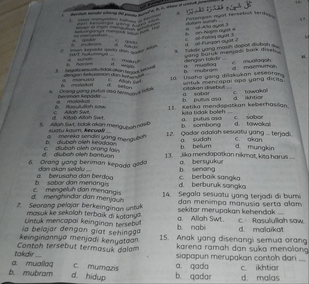 Berilah tanda silang (X) pada huruf a, b, c, atau d untuk jawabul
16.
1. Imas menyadari bahwa ia berasa 8
dari keluarga yang biasa saja.  Potongan ay  t  terseb ut terd a  
tetapi ia ingin mengubah kehiðupan dalam surah ....
17
keluarganya menjadi lebiḥ baik. Hal a. al-A'la ayat 3
ini merupakan ....
b. an-Najm ayat 4
c. al-Falaq ayat 3
18
a. qadar c. qada
b mubram d. takdir
d. .al-Furqan ayat 2
9. Takdir yang masih dapat diubah dor
2. Iman kepada qada dan gadar Allal
sWT. hukumnya ....
yang buruk menjadi baik disebut .
a. sunah c. makruh dengan takdir _---
Ⅱ.
b. haram d. wajib
3. Segala sesuatu tidak akan teriadi, kecual a. muallaq c. mualaqah
dengan kekuasaan dan kehendak .... b. mubram d. mazmumah
a. manusia c. Allah Swt
10. Usaha yang dilakukan seseoran
untuk mencapai apa yang dicita.
b. malaikat d. setan
4. Orang yang putus asa termasuk tidak citakan disebut ...
beriman kepada .... a. sabar c. tawakal
a. malaikat b. putus asa d. ikhtiar
b. Rasulullah saw.
c. Allah Swt. 11. Ketika mendapatkan keberhasilan.
kita tidak boleh
d. Kitab Allah Swt. c. sabar
a. putus asa
5. Allah Swt. tidak akan mengubah nasib b. sombong d. tawakal
suatu kaum, kecuali ....
a.  mereka sendiri yang mengubah 12. Qadar adalah sesuatu yang ... terjadi.
a. sudah c. akan
b. diubah oleh keadaan
b. belum d. mungkin
c. diubah oleh orang lain
d. diubah oleh bantuan 13. Jika mendapatkan nikmat, kita harus ....
6. Orang yang beriman kepada qada a. bersyukur
dan akan selalu .... b. senang
a. berusaha dan berdoa c. berbaik sangka
b. sabar dan menangis d. berburuk sangka
c. mengeluh dan menangis 14. Segala sesuatu yang terjadi di bumi
d. menghindar dan menjauh dan menimpa manusia serta alam 
7. Seorang pelajar berkeinginan untuk sekitar merupakan kehendak ....
masuk ke sekolah terbaik di kotanya. a. Allah Swt. c. Rasulullah saw.
Untuk mencapai keinginan tersebut b. nabi
ia belajar dengan giat sehingga 
d. malaikat
keinginannya menjadi kenyataan. 15. Anak yang disenangi semua orang
Contoh tersebut termasuk dalam
karena ramah dan suka menolong 
takdir .... siapapun merupakan contoh dari ....
a. muallaq c. mumazis
a. qada c. ikhtiar
b. mubram d. hidup b. qadar d. malas