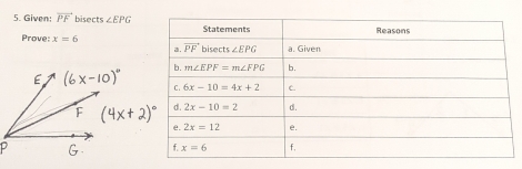 Given: vector PF bisects ∠ EPG
Prove: x=6