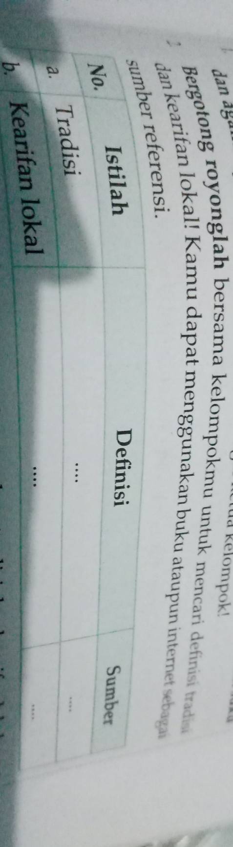 dan ágan tua kelompok! 
Bergotong royonglah bersama kelompokmu untuk mencari definisi tradis 
dan kearifan lokal! Kamu dapat menggunakan buku ataupun internet sebaga 
rensi.