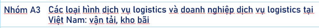 Nhóm A3 Các loại hình dịch vụ logistics và doanh nghiệp dịch vụ logistics tại 
Việt Nam: vận tải, kho bãi