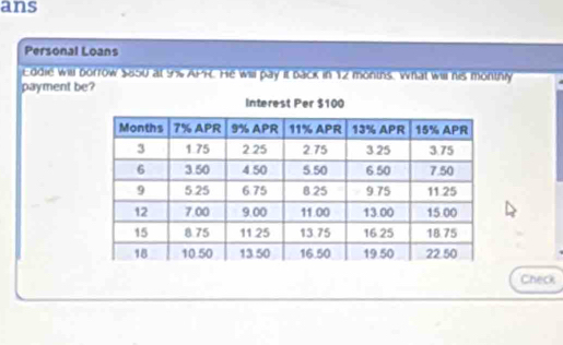 ans 
Personal Loans 
Eddie will borrow $850 at 5S APHC. He will pay it back in 12 months. What will his monthly 
payment be? 
Interest Per $100
Check