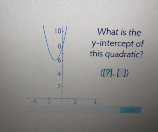 hat is the
ntercept of
quadratic?
[?], [  ])
Enter