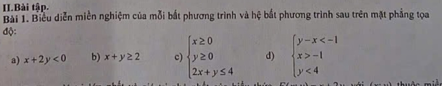 II.Bài tập. 
Bài 1. Biểu diễn miền nghiệm của mỗi bất phương trình và hệ bất phương trình sau trên mặt phẳng tọoa 
độ: 
a) x+2y<0</tex> b) x+y≥ 2 c) beginarrayl x≥ 0 y≥ 0 2x+y≤ 4endarray. d) beginarrayl y-x -1 y<4endarray.
(...,...) thuộc miề